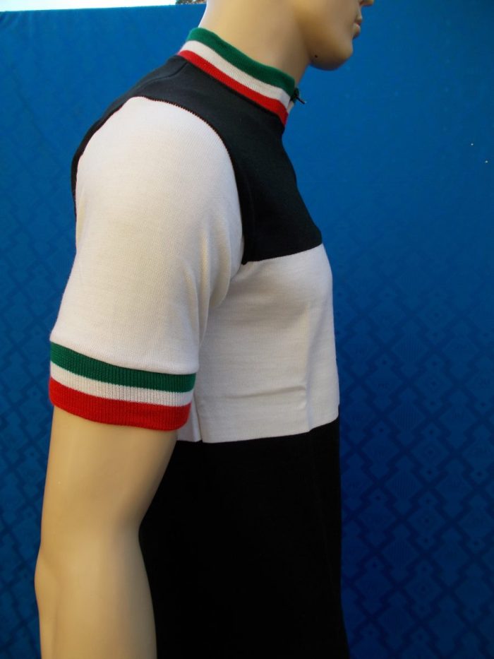 MAGLIA LANA ANNI 70' NERA FASCIA E MANICHE BIANCHE  COLLO E POLSINI TRICOLORI - immagine 4