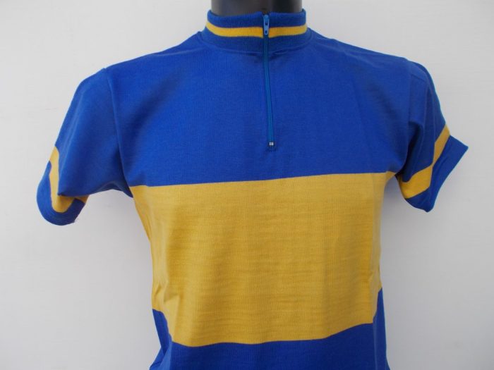 MAGLIA LANA ANNI 70' AZZURRO FASCIA E RIFINITURE GIALLO ANTICO - immagine 2