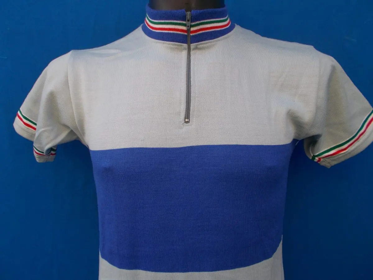 MAGLIA LANA ANNI 70' GRIGIO FASCIA AZZURRA CON RIFINITURE TRICOLORI - immagine 2