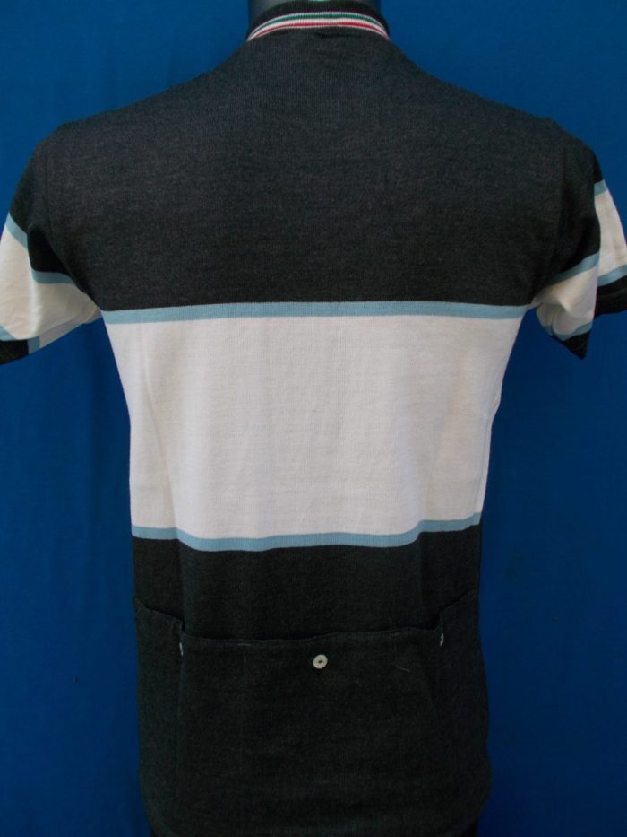 MAGLIA LANA ANNI 70' GRIGIO ANTRACITE FASCIA E MANICHE BIANCA RIGO CELESTE COLLO RIFINITURA TRICOLORE - immagine 9