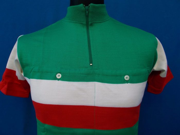MAGLIA LANA ANNI '60 VERDE, TASCA E MANICHE RIGO ROSSO E BIANCO - immagine 2