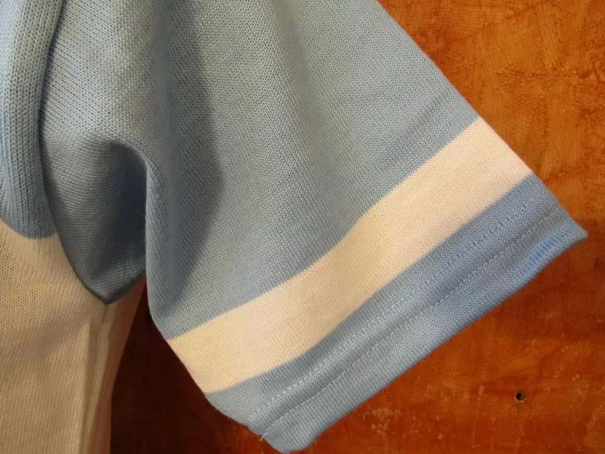 MAGLIA LANA ANNI 70' CELESTE FASCIA BIANCA CON RIGA COLLO BIANCA E RIGO BASSO MANICA - immagine 5