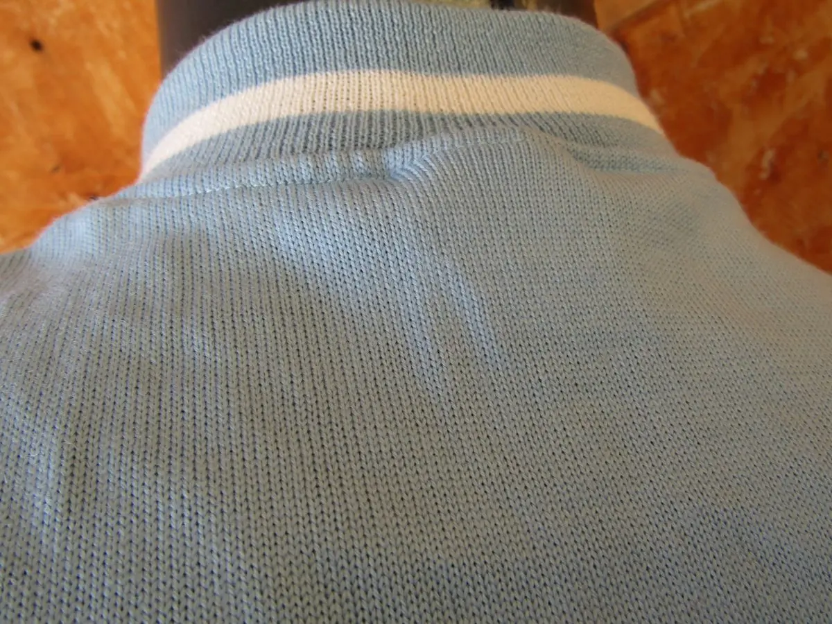 MAGLIA LANA ANNI 70' CELESTE FASCIA BIANCA CON RIGA COLLO BIANCA E RIGO BASSO MANICA - immagine 7