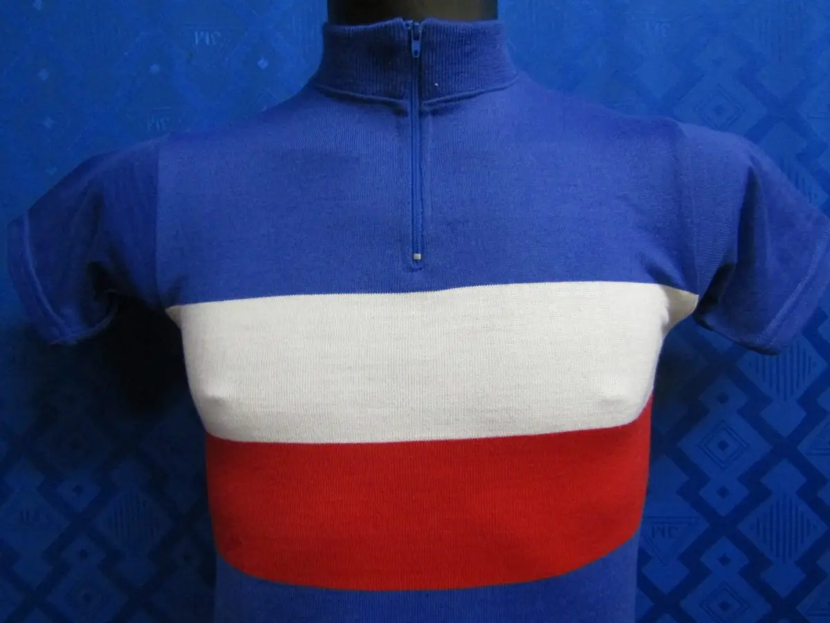 MAGLIA LANA ANNI '70 AZZURRA FASCIA BIANCA E ROSSA - immagine 3