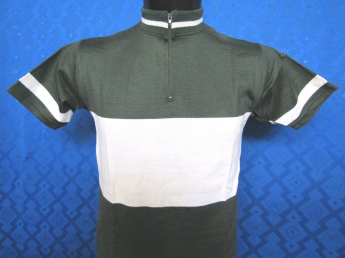 MAGLIA LANA ANNI 70' VERDE SCURO FASCIA BIANCA CON RIFINITURE COLLO E MANICHE BIANCHE - immagine 2