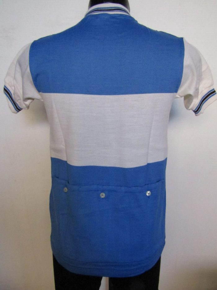 MAGLIA LANA ANNI 70' AZZURRA FASCIA BIANCA, COLLO E POLSINI CON RIFINITURE  AZZURRE E MARRONI - immagine 6