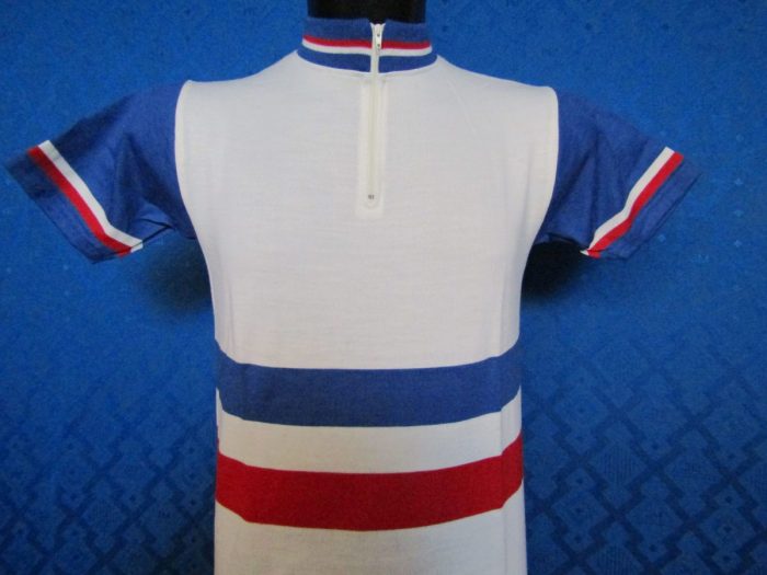 MAGLIA LANA ANNI 70' BIANCA RIGHE AZZURRE , ROSSE , COLLO E POLSINI AZZURRI RIGHE ROSSE E BIANCHE - immagine 2
