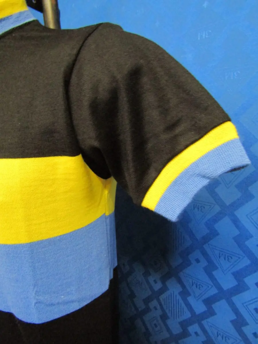 MAGLIA LANA ANNI 70' NERA FASCIA E RIFINITURE GIALLO E AZZURRE - immagine 5