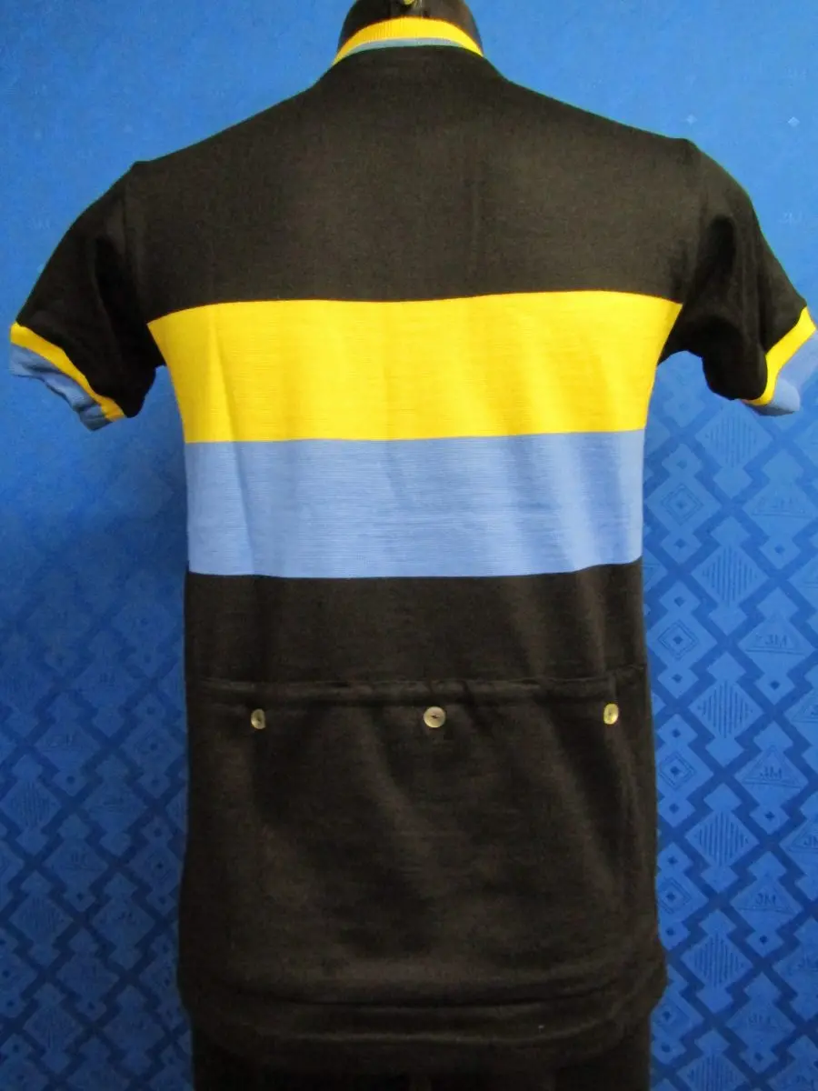 MAGLIA LANA ANNI 70' NERA FASCIA E RIFINITURE GIALLO E AZZURRE - immagine 6