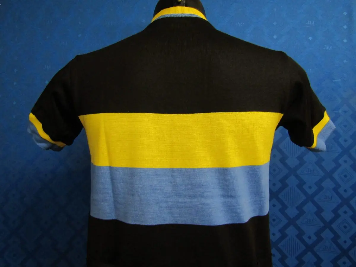 MAGLIA LANA ANNI 70' NERA FASCIA E RIFINITURE GIALLO E AZZURRE - immagine 7