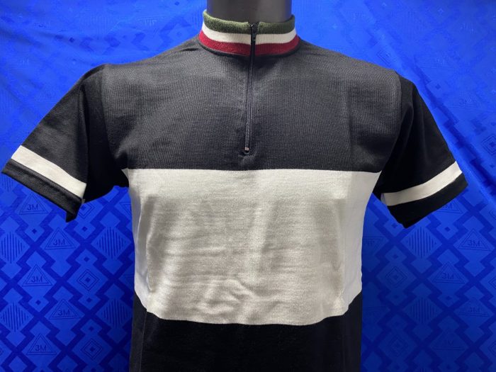 MAGLIA LANA ANNI 70' NERA FASCIA BIANCA COLLO TRICOLORE ANTICO - immagine 2