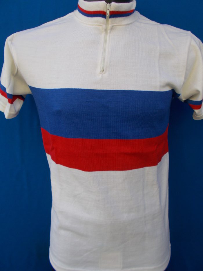 MAGLIA LANA ANNI 70' BIANCA FASCIA E RIFINITURE AZZURRO E ROSSO
