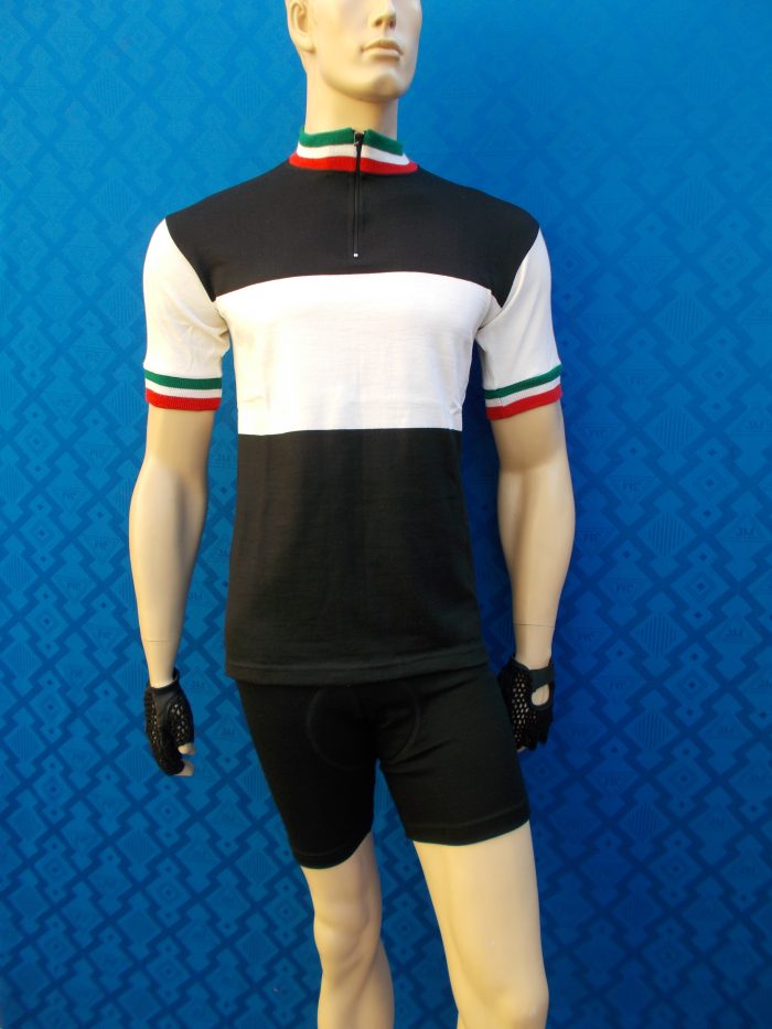 MAGLIA LANA ANNI 70' NERA FASCIA E MANICHE BIANCHE  COLLO E POLSINI TRICOLORI