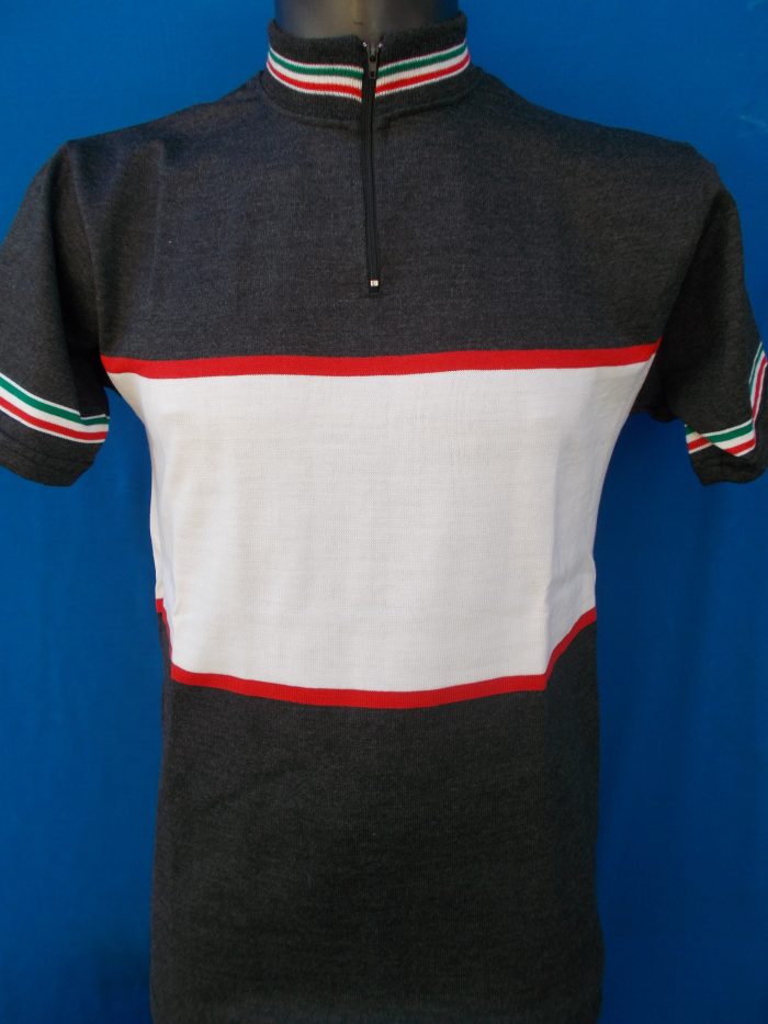 MAGLIA LANA ANNI 70' GRIGIO ANTRACITE FASCIA BIANCA E PICCOLA ROSSA RIFINITURE TRICOLORI