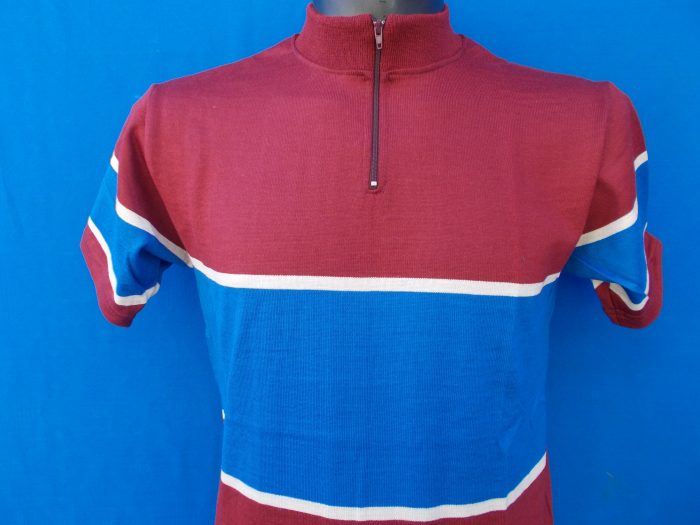 MAGLIA LANA ANNI 70' AMARANTO FASCIA AZZURRA E RIFINITURA PICCOLA CREMA