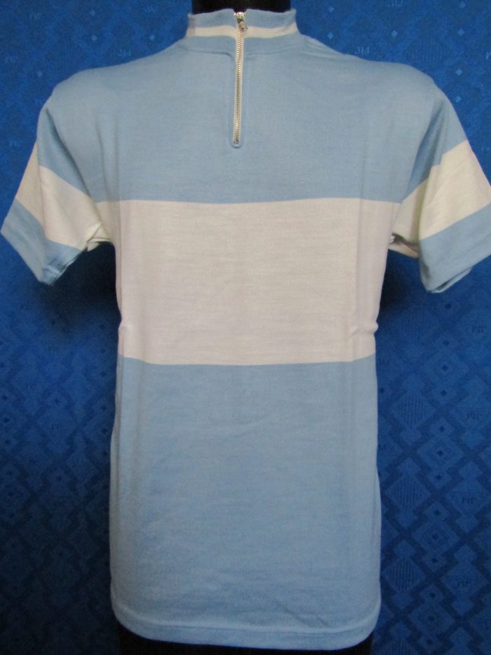 MAGLIA LANA ANNI 70' CELESTE FASCIA BIANCA CON RIGA COLLO BIANCA E RIGO ALTO MANICA