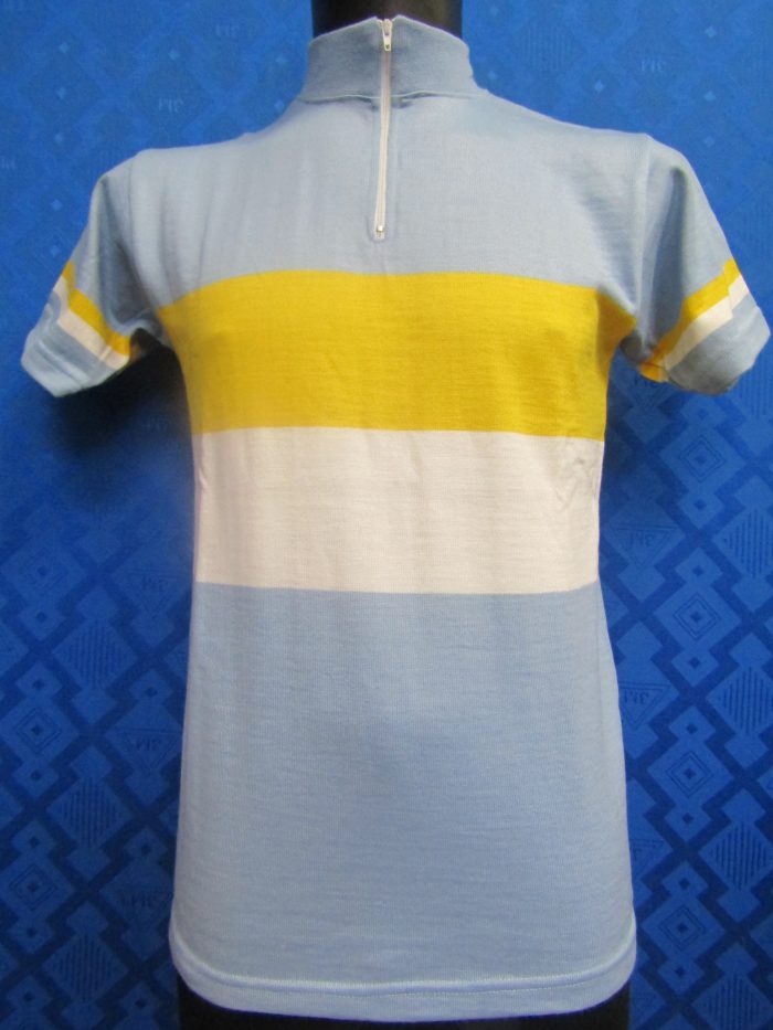 MAGLIA LANA ANNI 70' CELESTE , FASCIA E RIFINITURE BIANCO E GIALLO