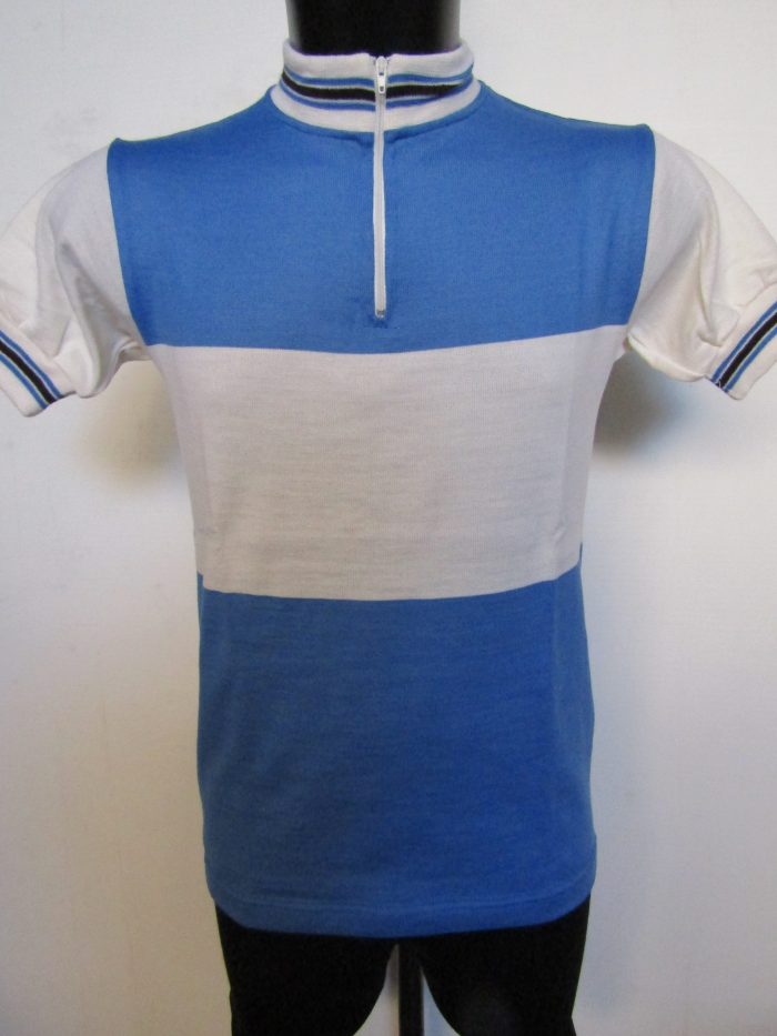 MAGLIA LANA ANNI 70' AZZURRA FASCIA BIANCA, COLLO E POLSINI CON RIFINITURE  AZZURRE E MARRONI