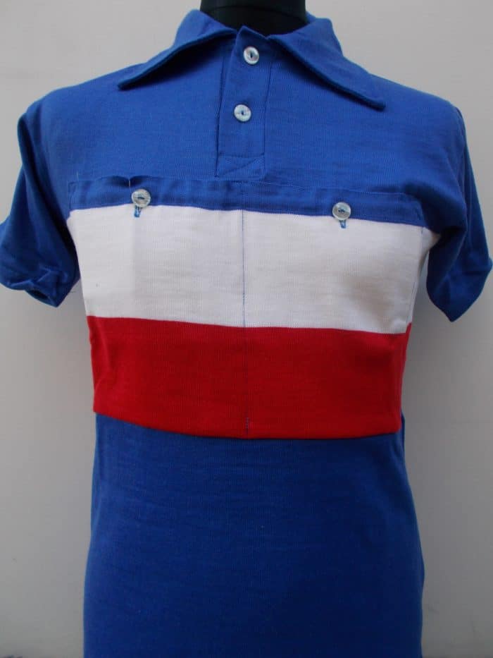 MAGLIA LANA ANNI '40/50 AZZURRA TASCA BIANCA E ROSSA