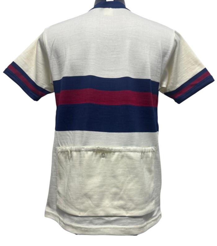 MAGLIA LANA ANNI 70 BIANCA FASCIA BLU E ROSSO SCURO - immagine 2